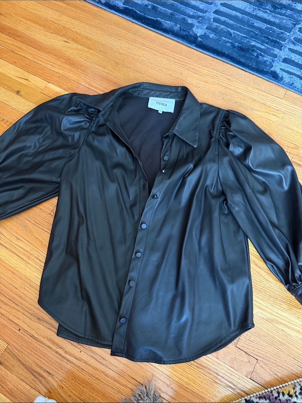 pistola Black Faux Leather Button-Front Shirt Jacket with Puff Shoulders